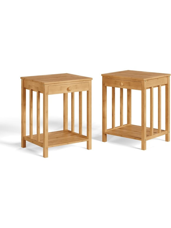 Set de Dos Mesitas Auxiliares de Bambu con Cajon y Estante Inferior para Salon u Oficina