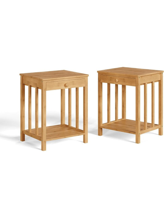 Set de Dos Mesitas Auxiliares de Bambu con Cajon y Estante Inferior para Salon u Oficina